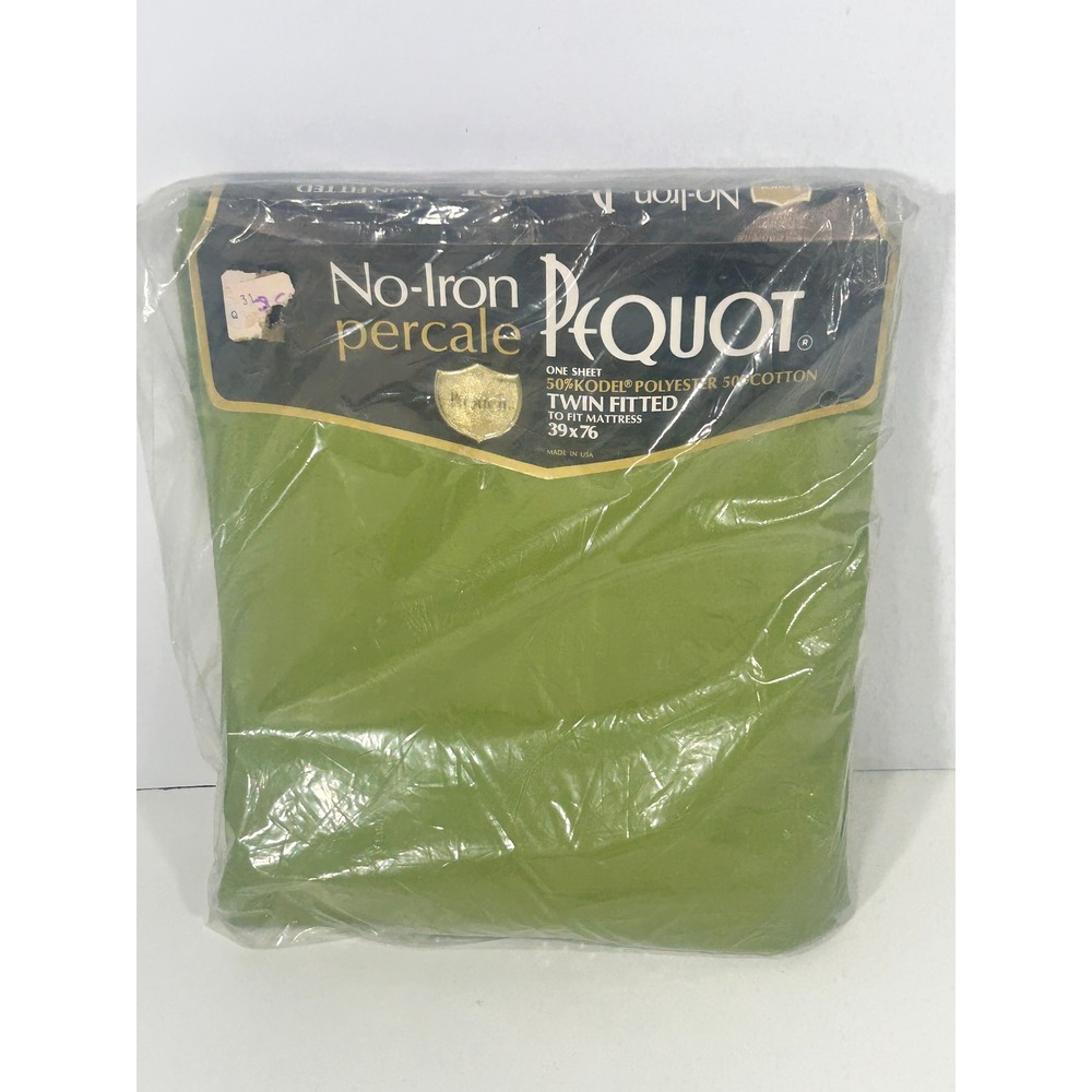 Vintage Pequot Twin Fitted Sheet Avocado Green No-Iron Percale Kodel Cotton USA